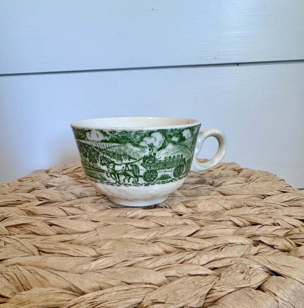 Pastoral Flat Cup by Homer Laughlin Green Transferware Country Scene